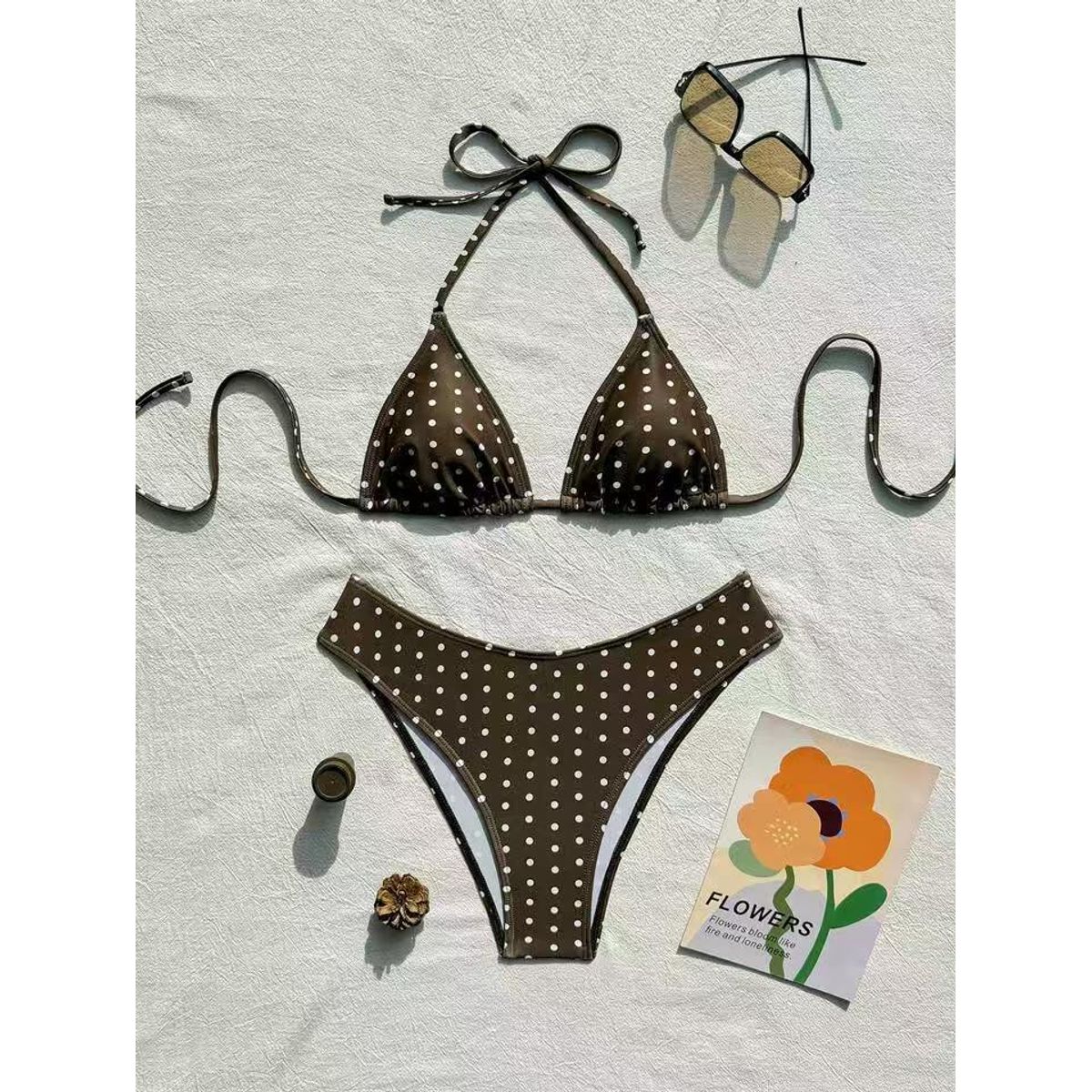 Polka Dot Triangle Bikini Set - Brown-L