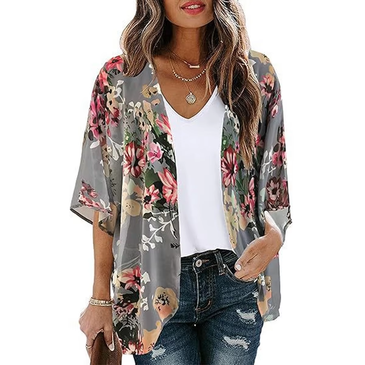 Women's Floral Print Kimono Cardigan - Style 6-S