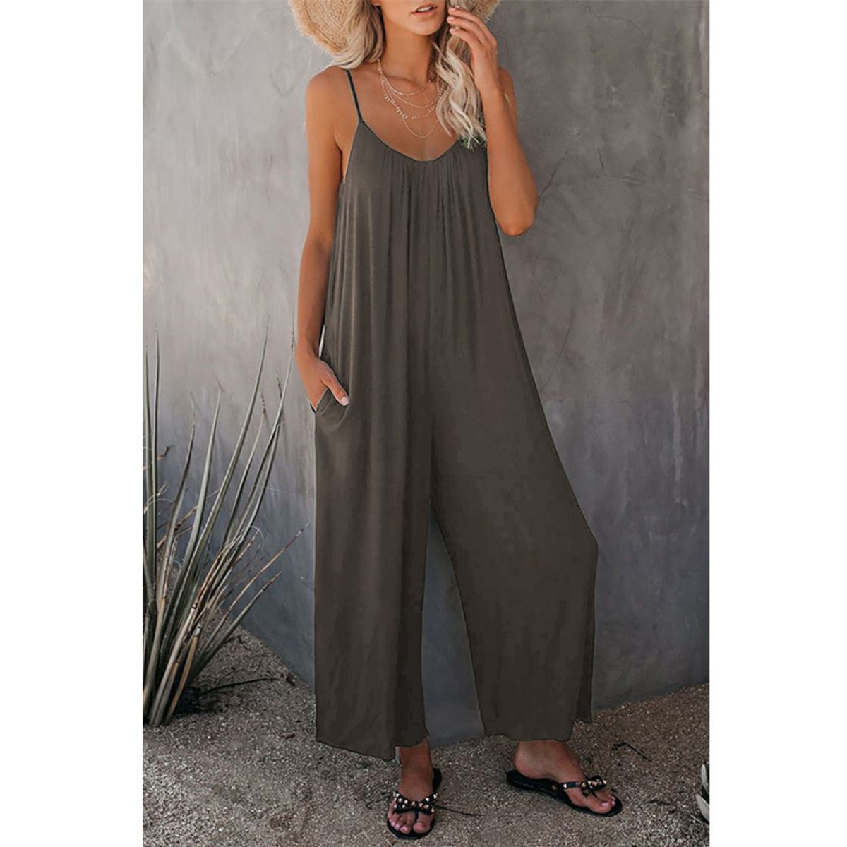 Loose Wide-Leg Romper with Pockets - Gray-2XL