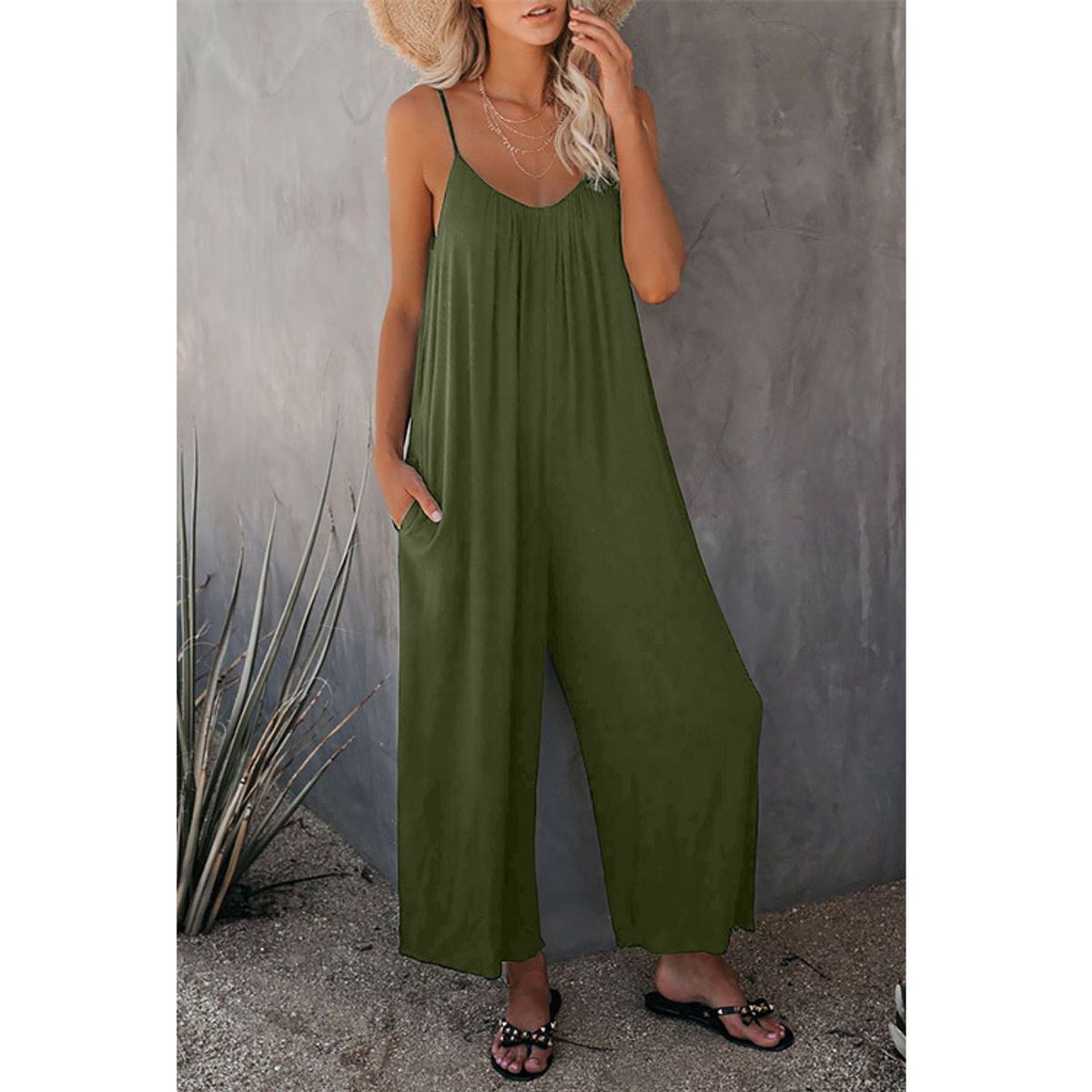 Loose Wide-Leg Romper with Pockets - Army Green-M