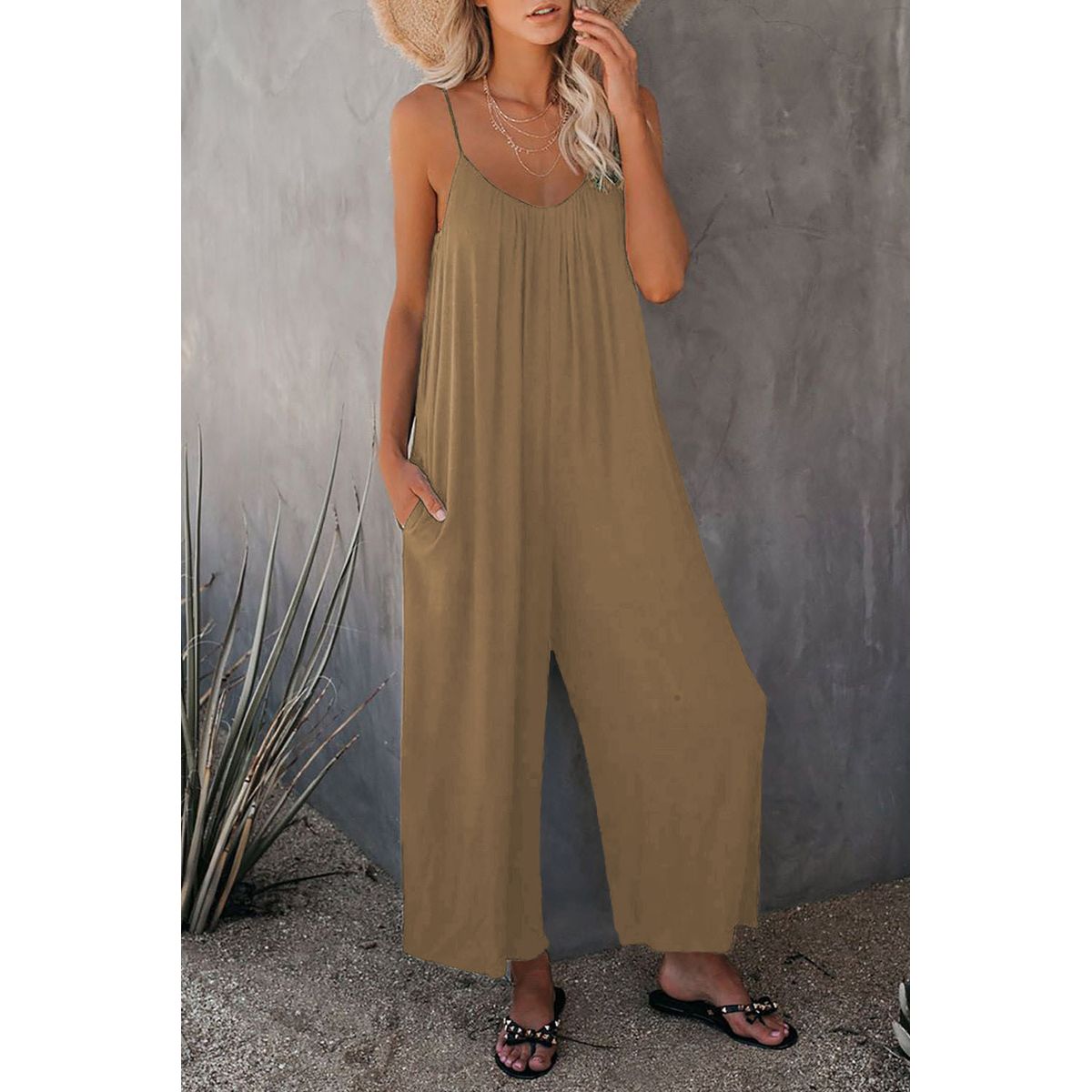 Loose Wide-Leg Romper with Pockets - Khaki-L