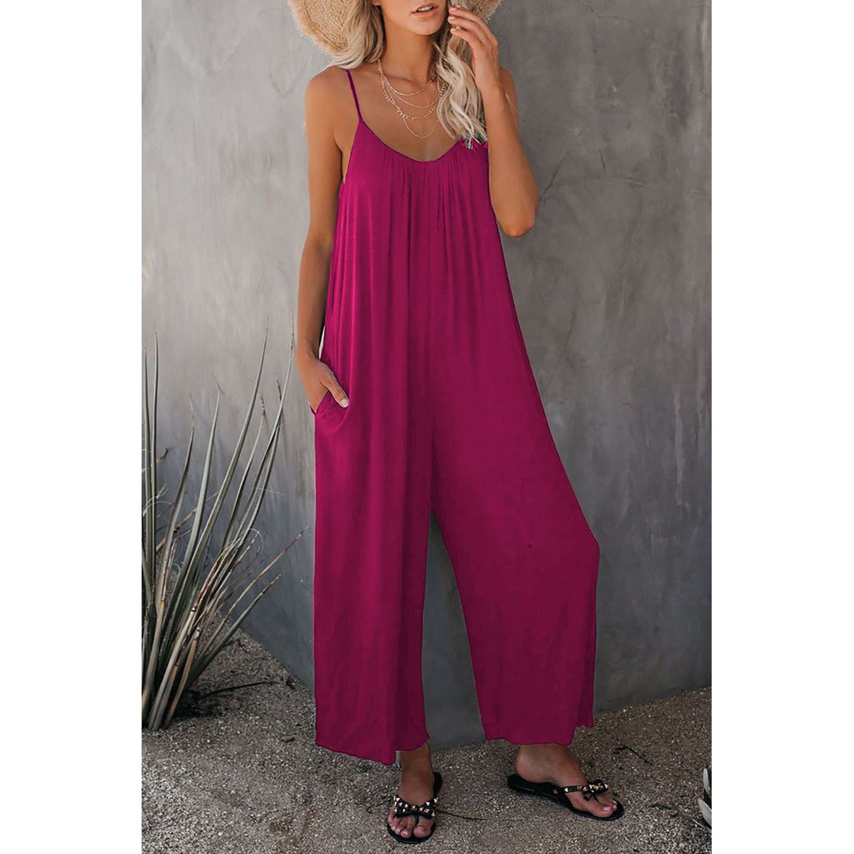 Loose Wide-Leg Romper with Pockets - Hot Pink-S