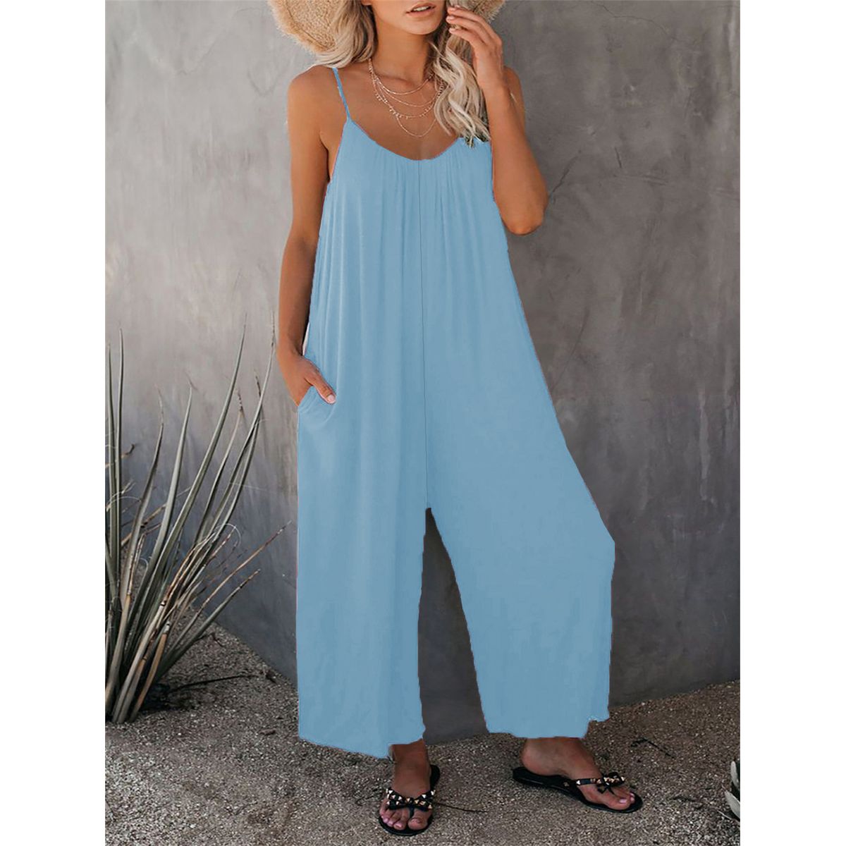 Loose Wide-Leg Romper with Pockets - Light Blue-M