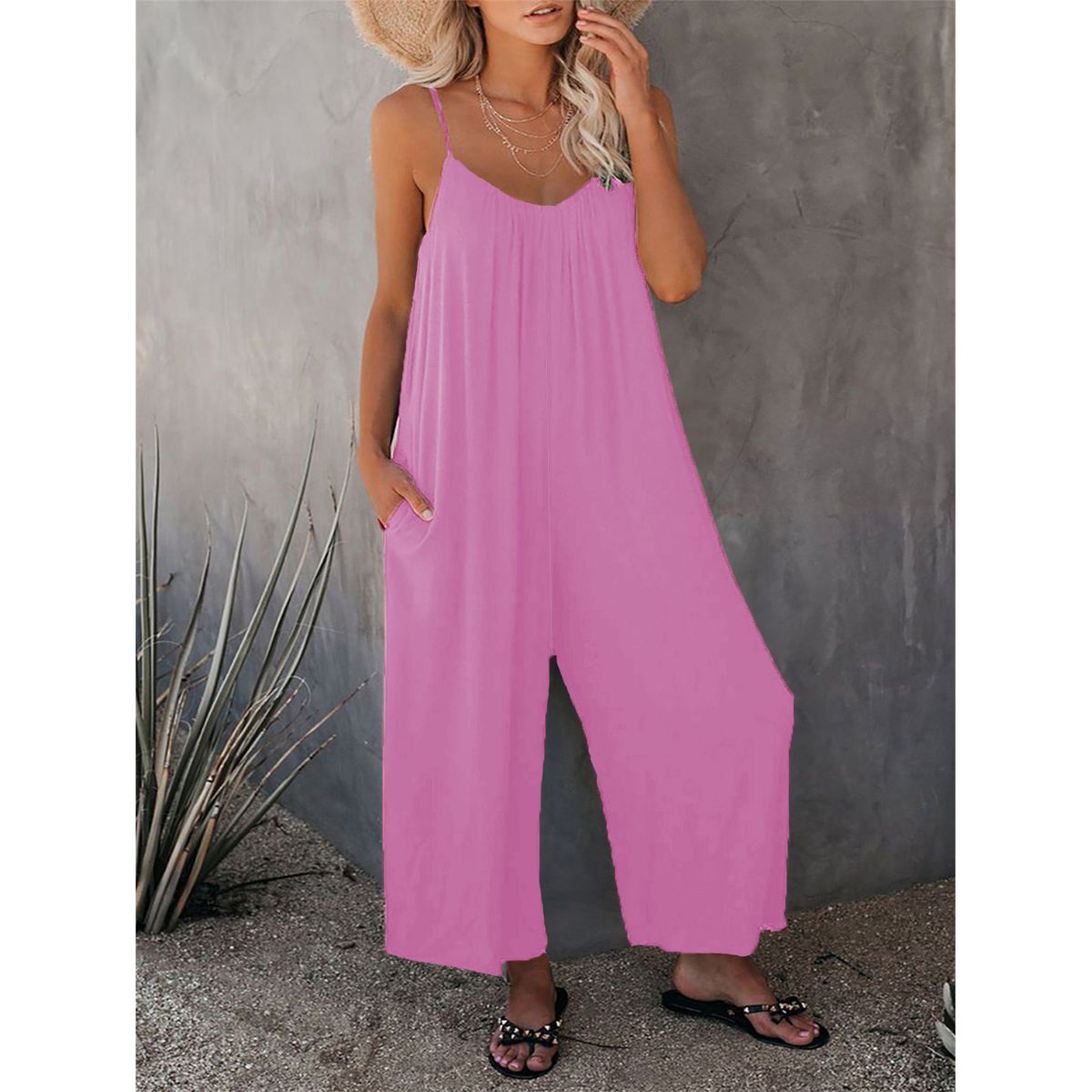 Loose Wide-Leg Romper with Pockets - Light Pink-2XL