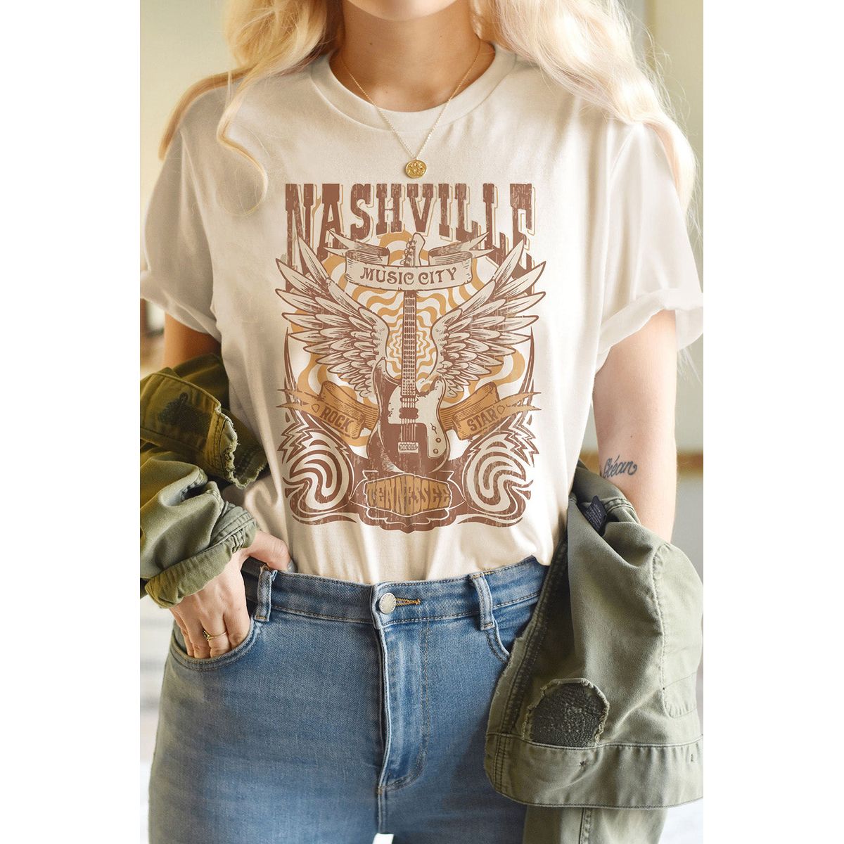 Nashville Music City Graphic Tee - Khaki / S - 4/6 / 95%Cotton+5%Polyester-image-SKU9599292