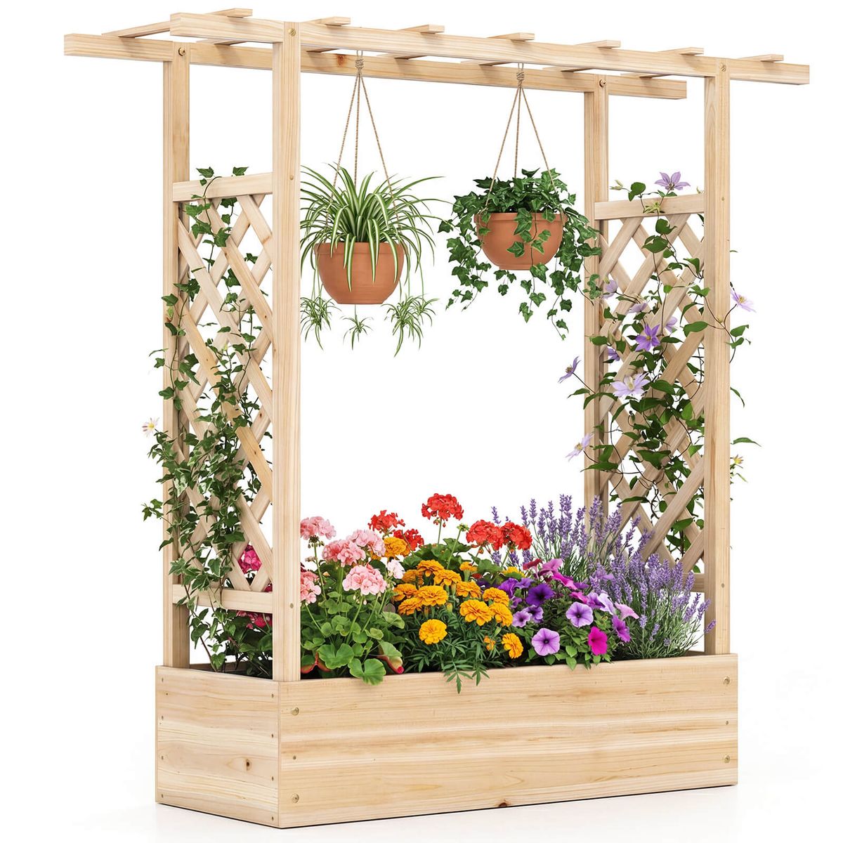 Photos - Flower Pot Costway Wooden Raised Garden Bed with Trellis  - Natural-1 HCST12639 (1- or 2-Pack)
