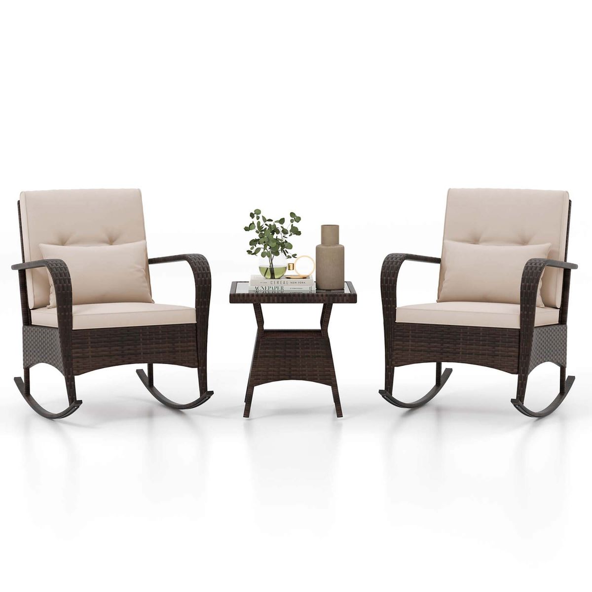 3-Piece Rocking Bistro Set with Removable Cushions - Brown