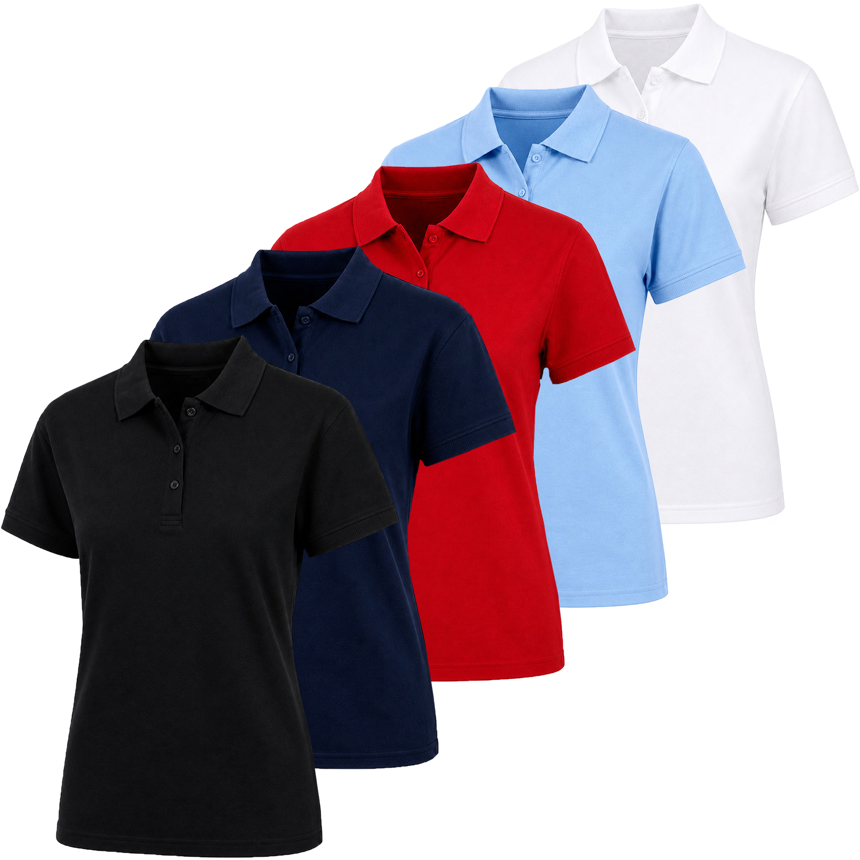 Junior's Short Sleeve School Uniform Pique Polo Shirt (5-Pack) - JFP - BK-NV-RD-LB-WH - L