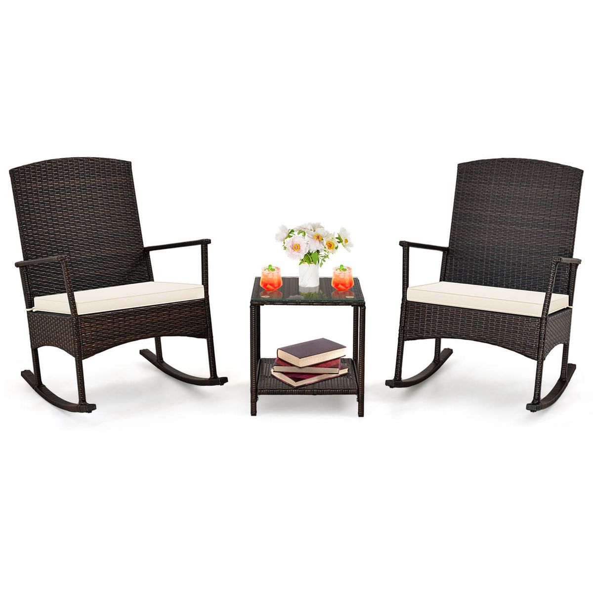 Wicker Patio Rocking Set 3Pieces  Rocking SetWh