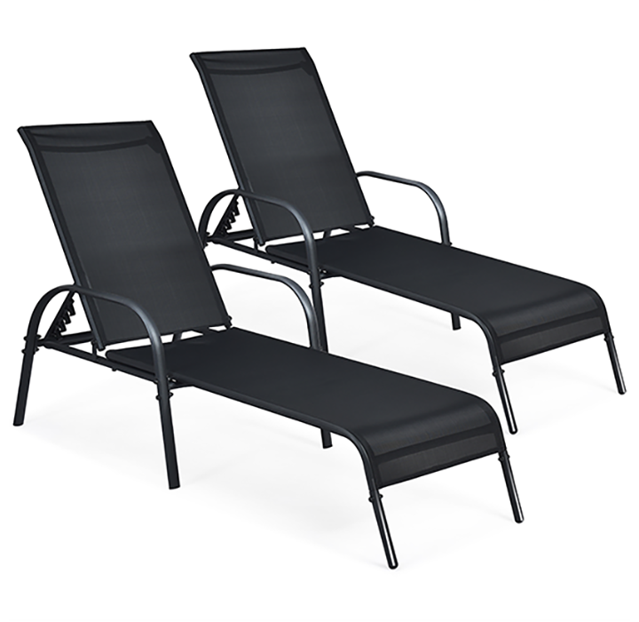 Outdoor Patio Lounge Chair Chaise Fabric with Adjustable Recliner - Black- 1-Piece