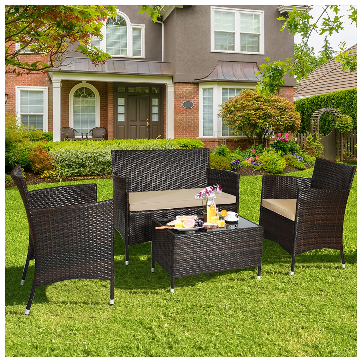 Photos - Garden Furniture Costway Rattan Outdoor Patio Furniture Set  - Beige HW63214 (4- or 8-Pieces)