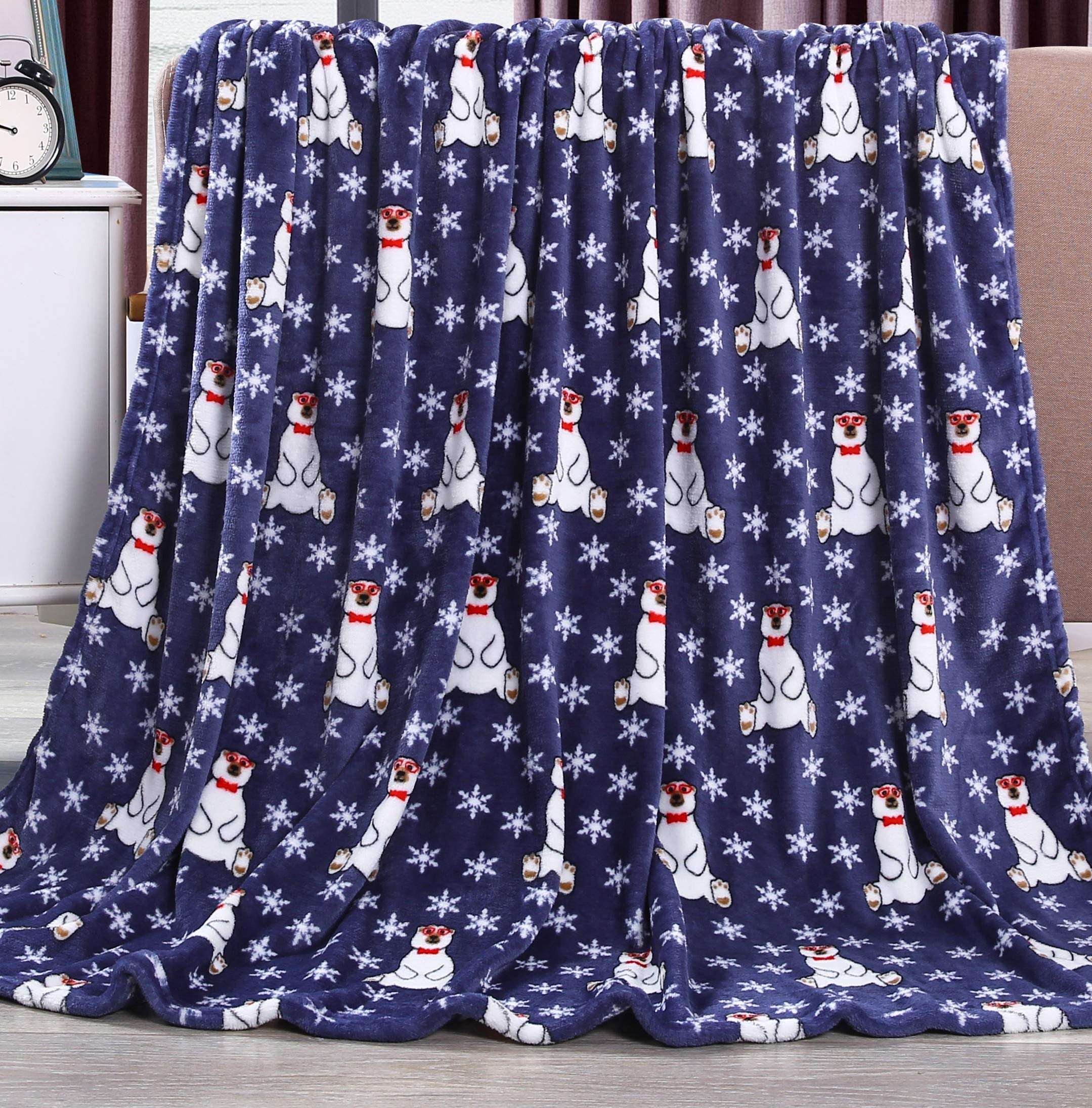 Noble House Soft Fleece Winter Holiday Throw Blanket - Navy Polar Bear