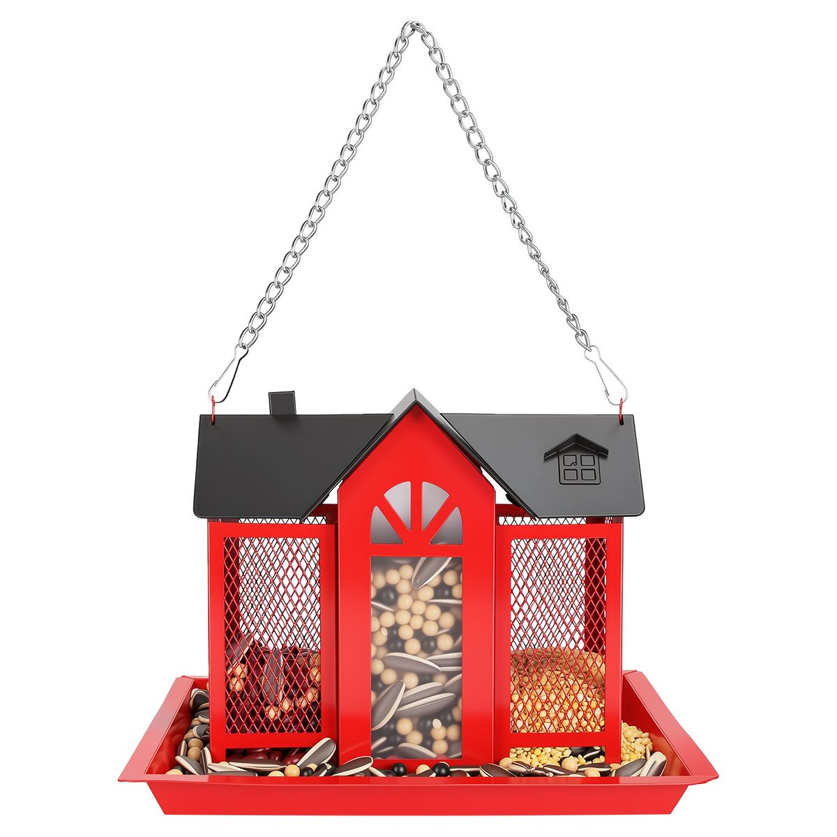 Metal Hanging Barn Bird Feeder House  - Red