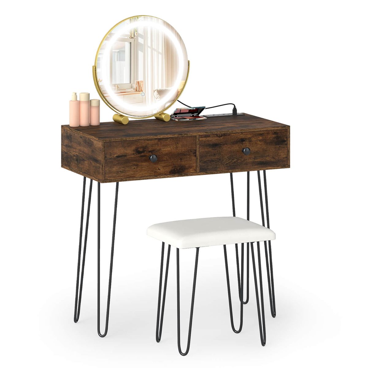 Vanity Desk with Stool and Adjustable Lighted Mirror - Vanity-Rustic Brown