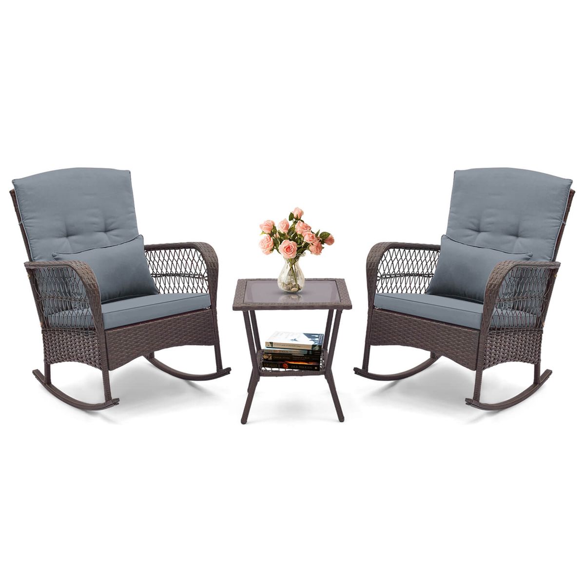 Costway 3 Pcs Patio Rocker Set Outdoor Wicker Rocking Chairs with Double-Layer Coffee Table - Grey