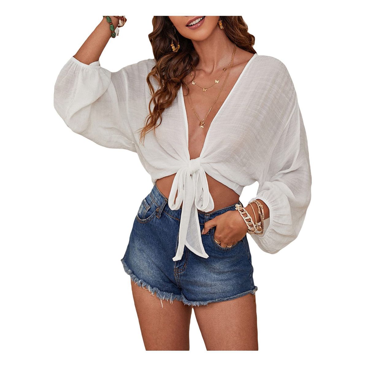 Women's V-Neck Beach Cover-Up - White-M