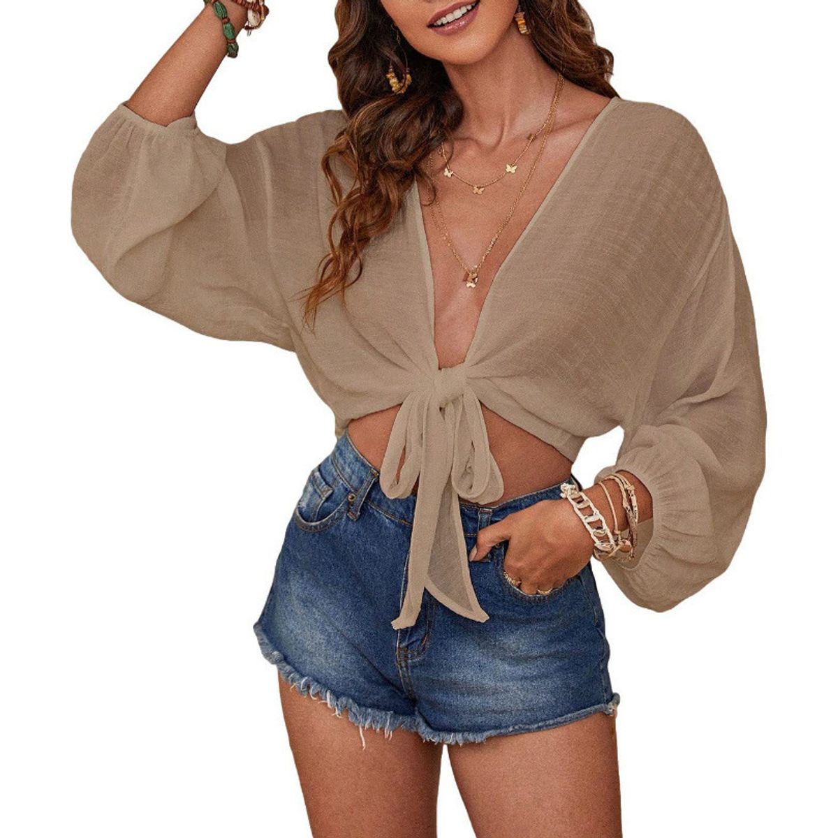 Women's V-Neck Beach Cover-Up - Khaki-S