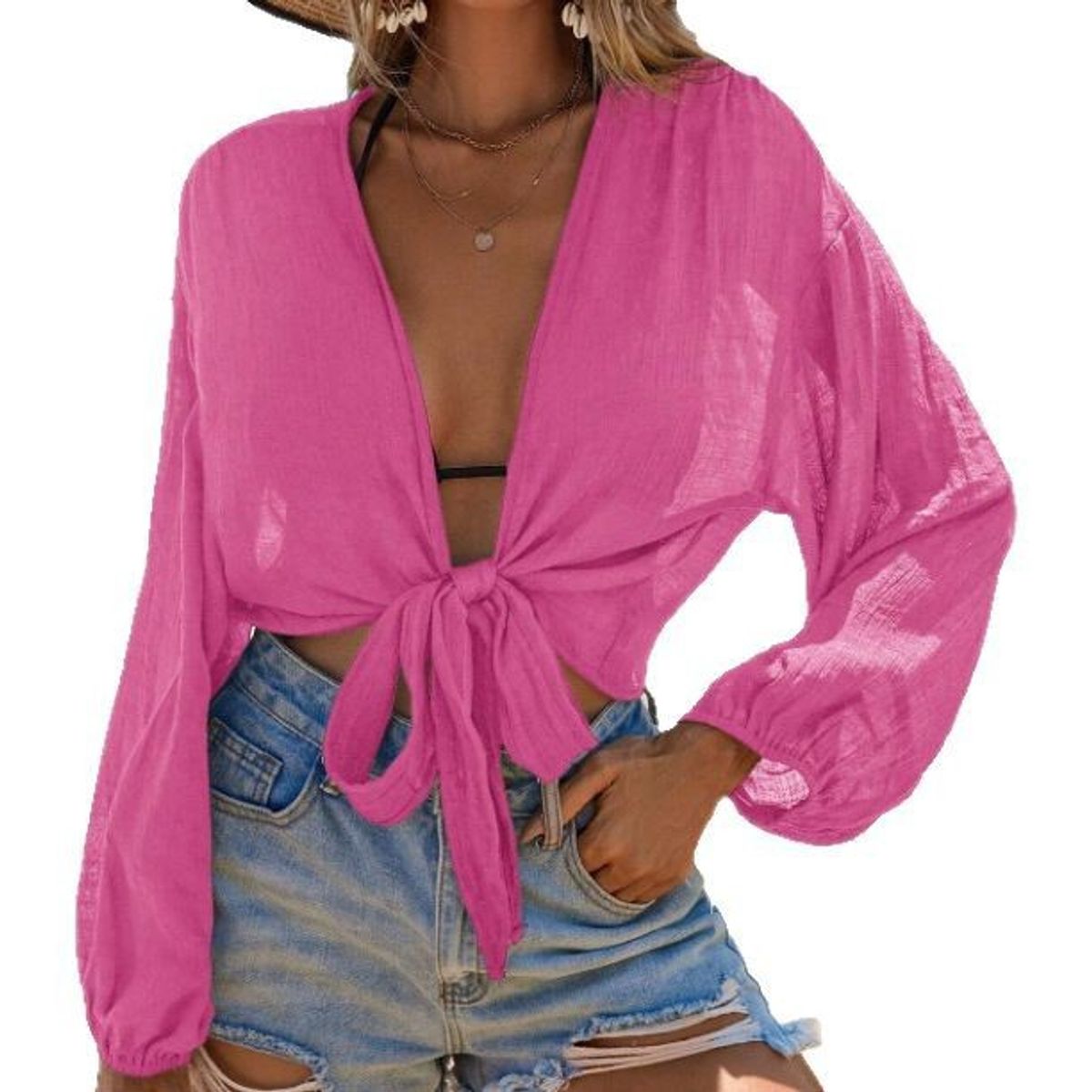 Women's V-Neck Beach Cover-Up - Pink-L