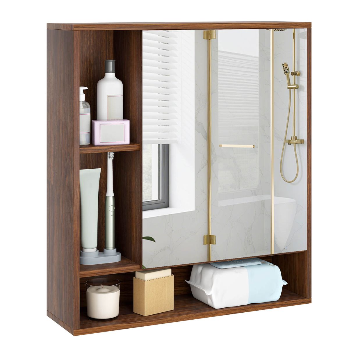 Photos - Wardrobe Costway Bathroom Wall Cabinet with Mirror - Cabinet-Walnut HCST13152 