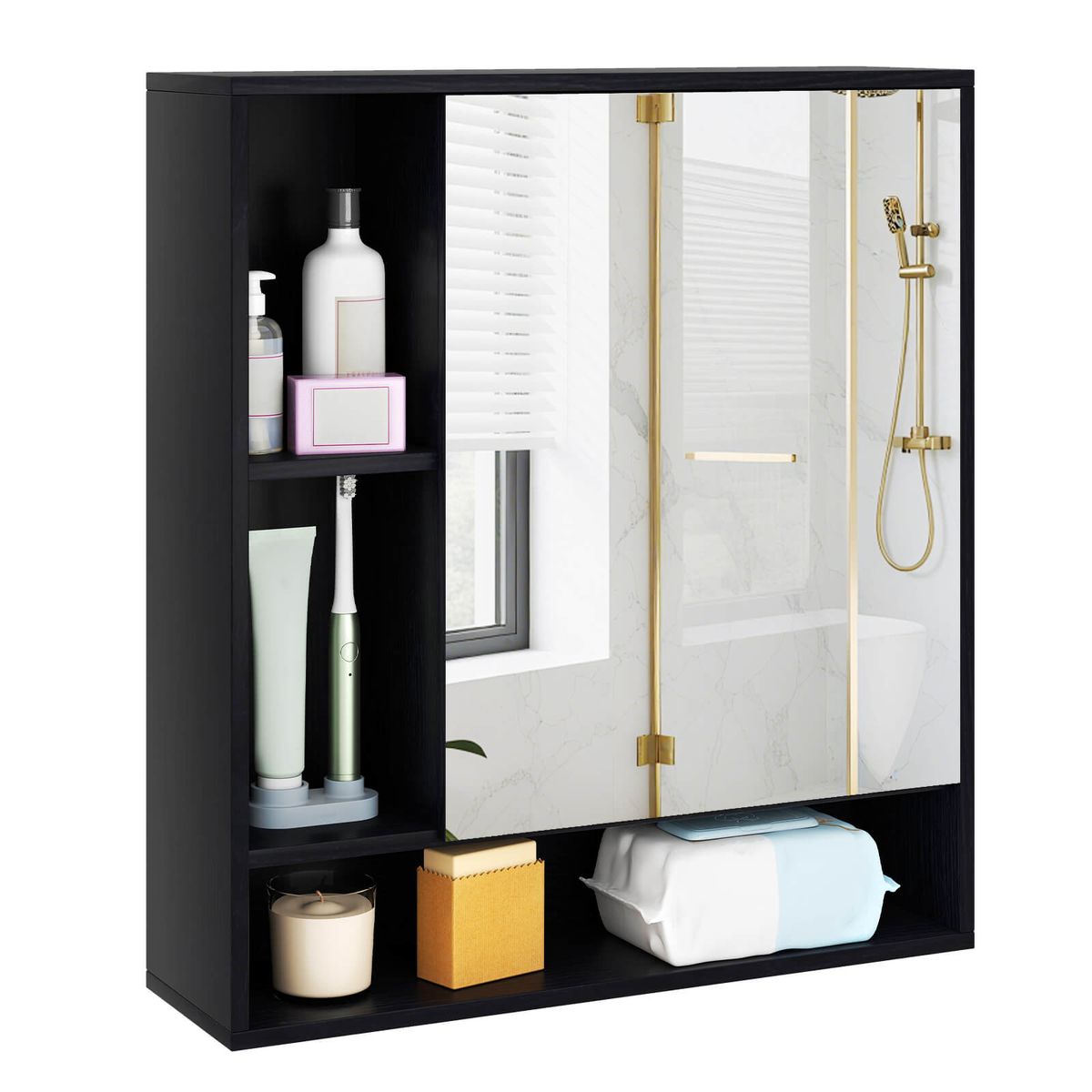 Bathroom Wall Cabinet with Mirror - Cabinet-Black