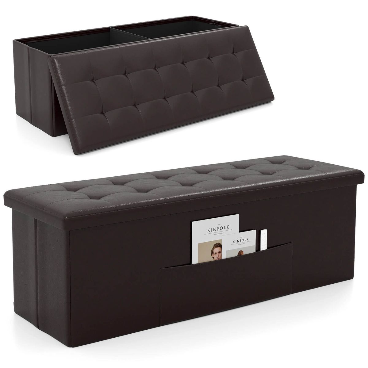 Photos - Pouffe / Bench Costway 43" Folding Storage Ottoman Bench with Side Pocket Storage - Brown HW51346BN 