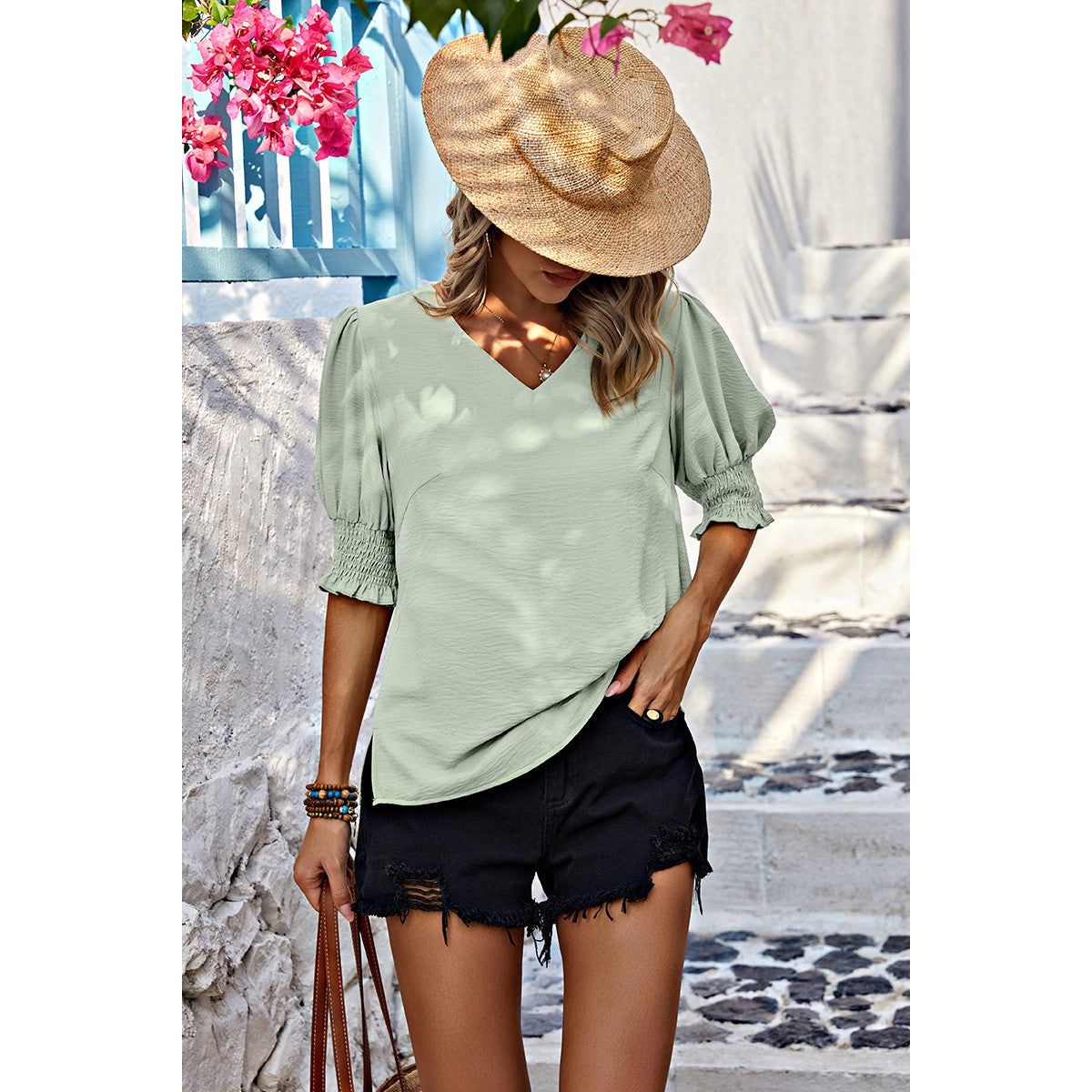 Chic Chiffon Smock Sleeve Blouse - Light Green / Small (2-4)