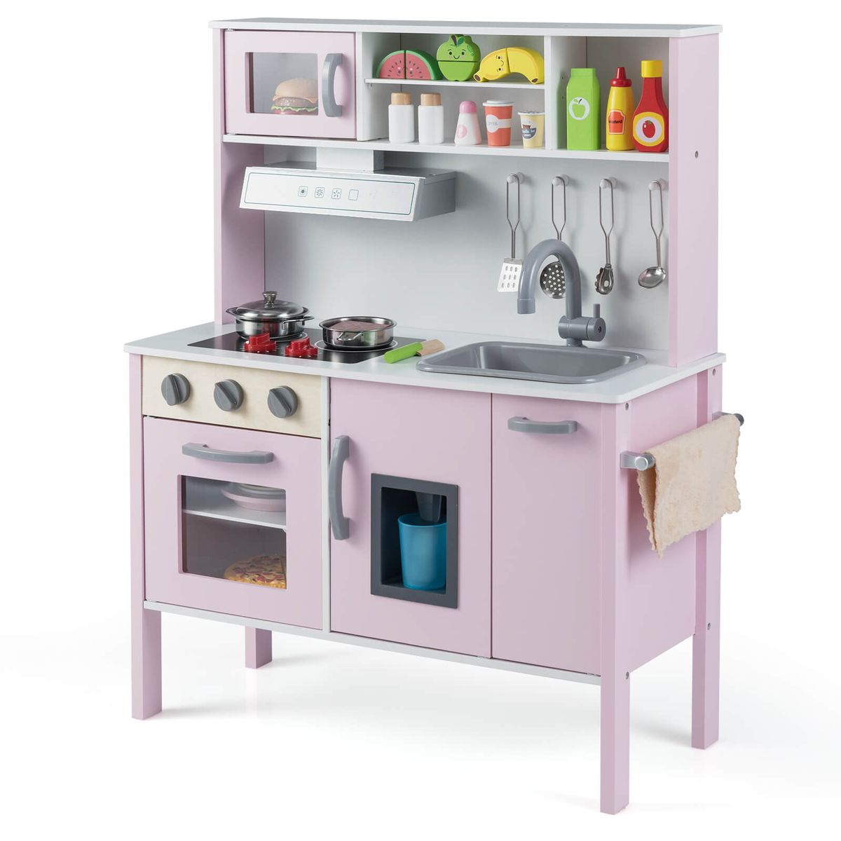 Wooden Kids Kitchen Playset with Removable Sink and Faucet - Pink+White