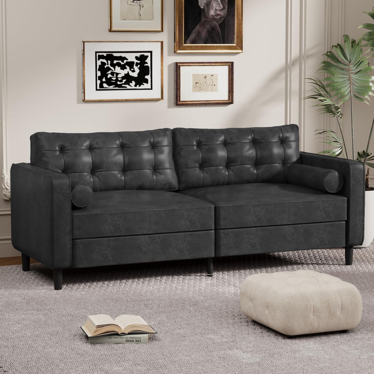 3-Seater 84.2” Mid-Century Sofa Couch with Pillows - Black-image-SKU10150139