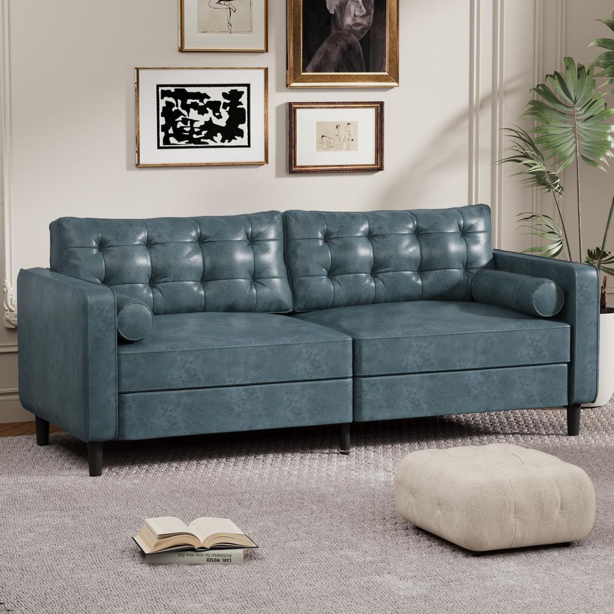 3-Seater 84.2” Mid-Century Sofa Couch with Pillows - Blue-image-SKU10150140
