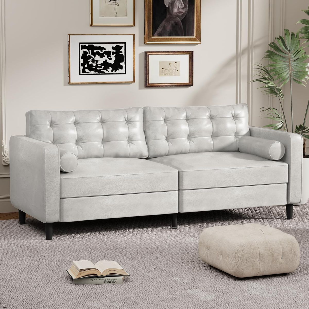3-Seater 84.2&rdquo; Mid-Century Sofa Couch with Pillows - White