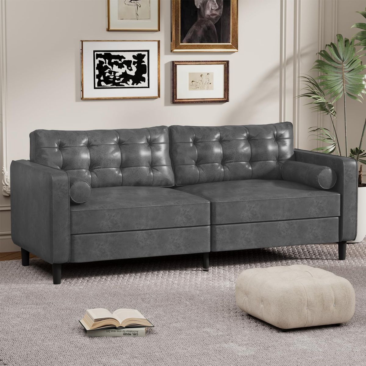 3-Seater 84.2” Mid-Century Sofa Couch with Pillows - Grey-image-SKU10150142