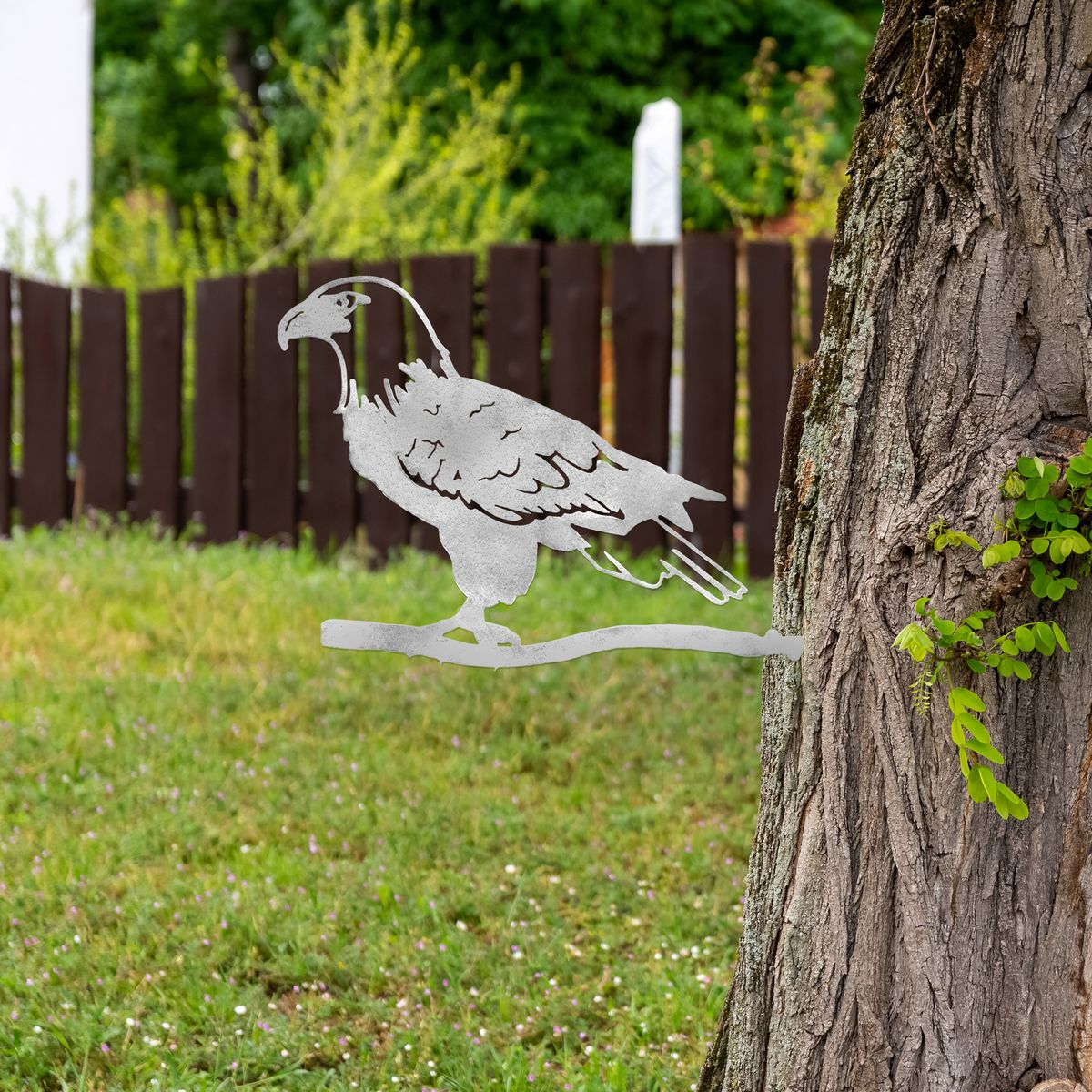 Steel Bald Eagle Tree Stake for Garden or Lawn - Silver Powder Coat Finish
