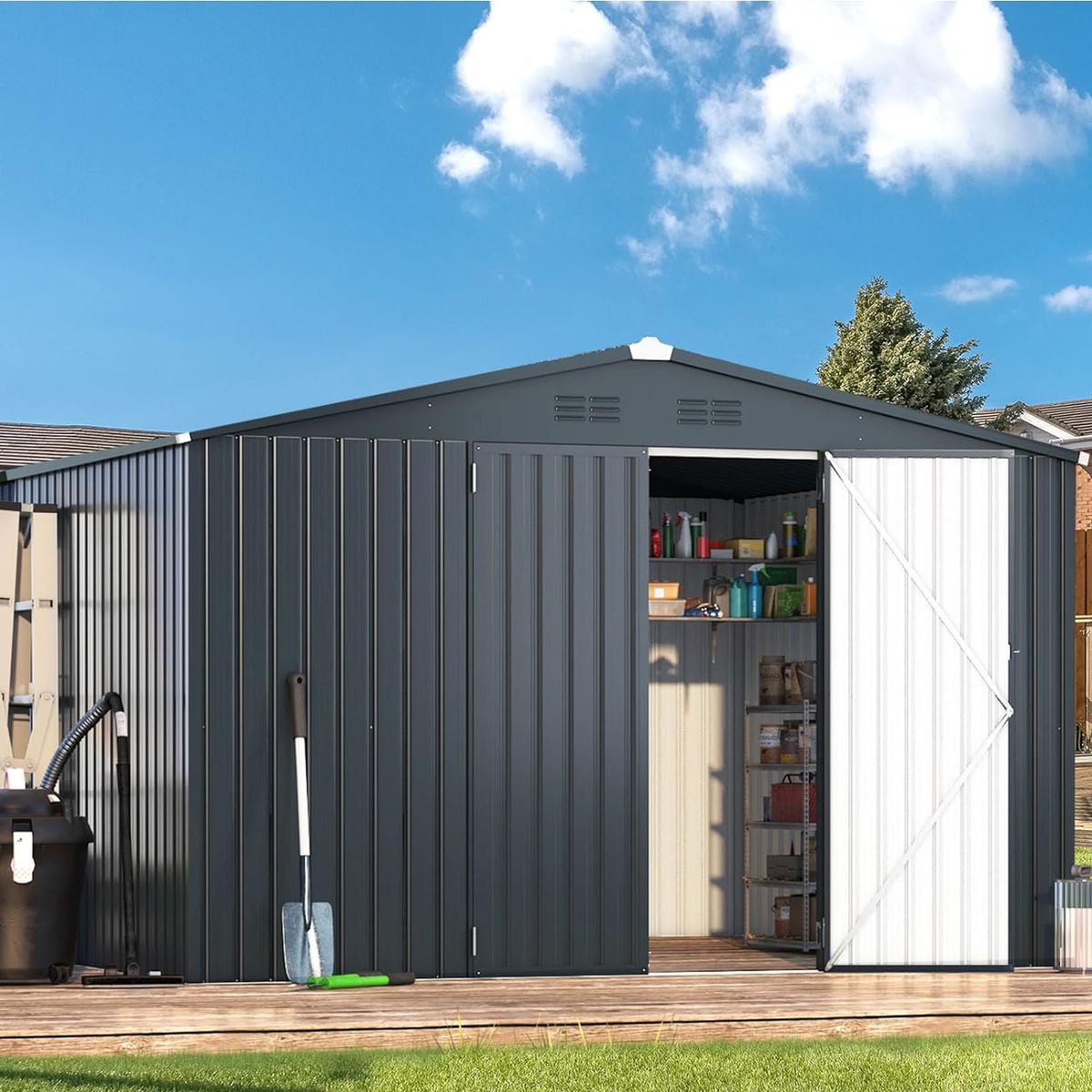 12' x 10' Metal Storage Shed for Outdoor and Lockable Doors - Dark Grey