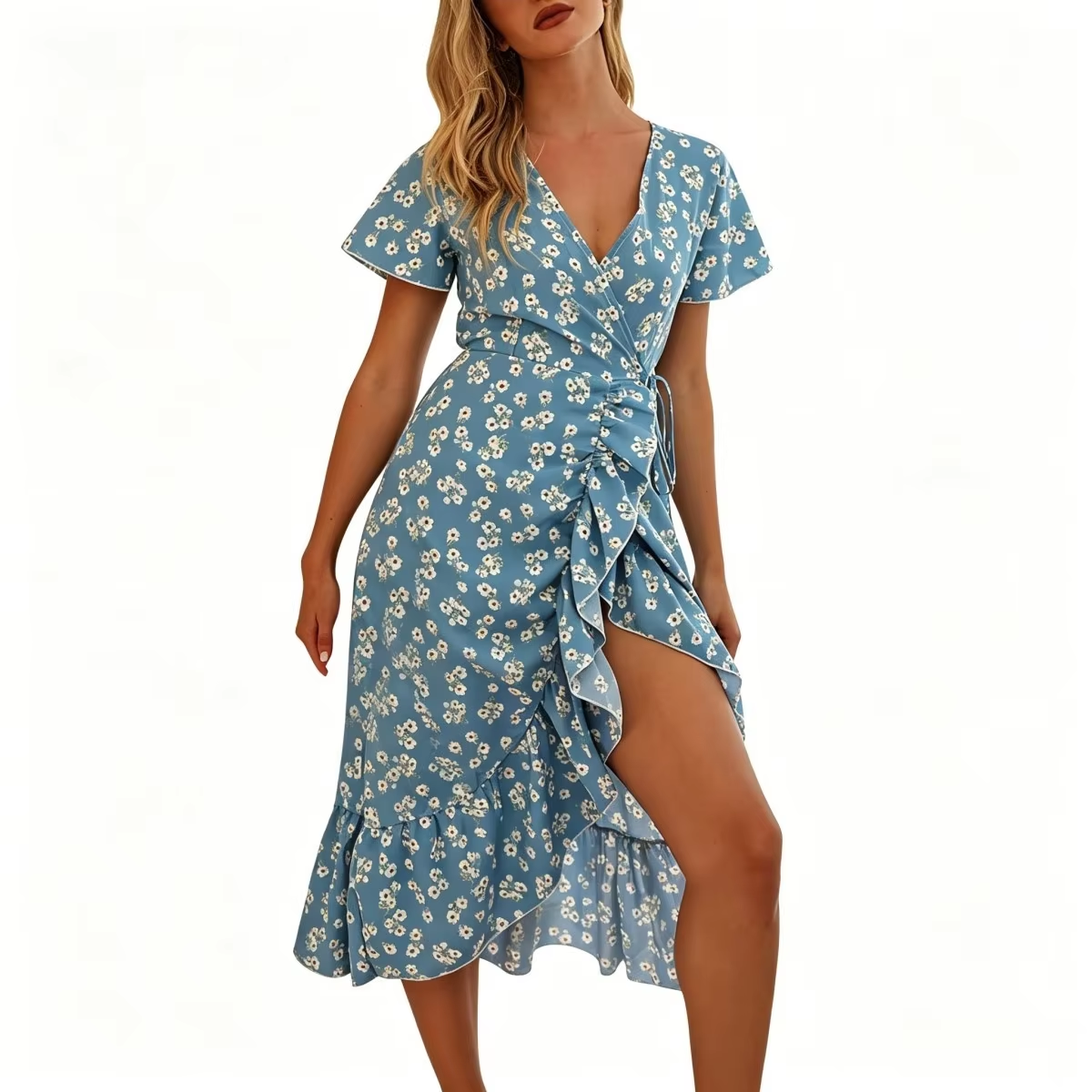 Women&rsquo;s Wrap Floral Midi Dress - Blue-L