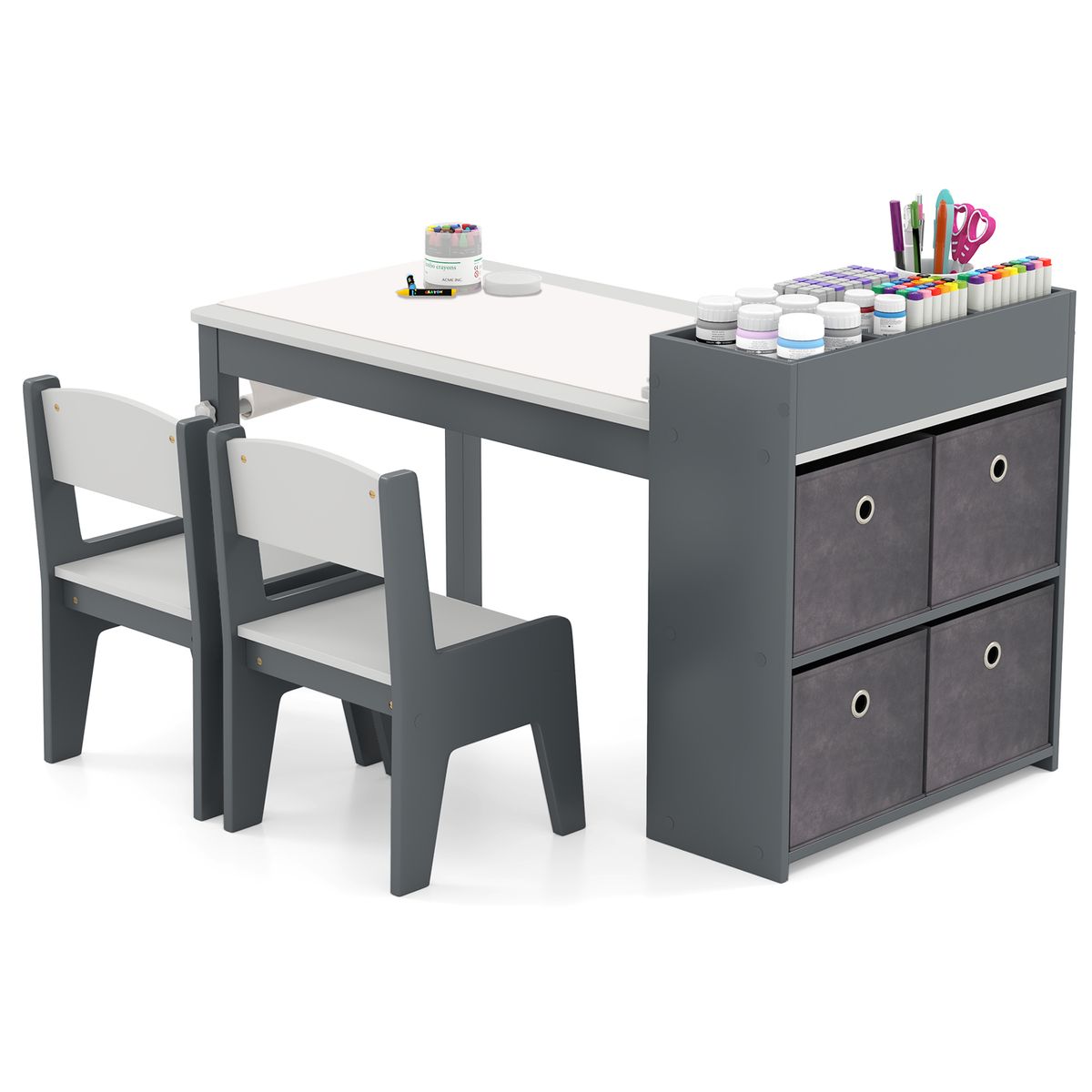 Kids Art Table & Chairs Set with Paper Roll Wooden Craft Study Desk Active Play - Grey