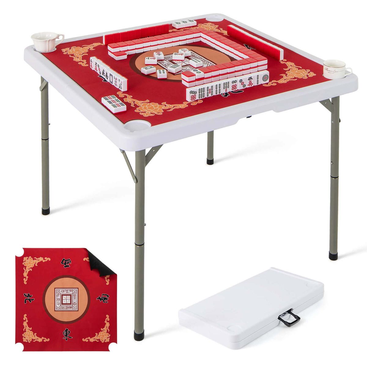 Costway Folding Mahjong Table with Cup Holders and Carrying Handle, Ages 18+ - Red