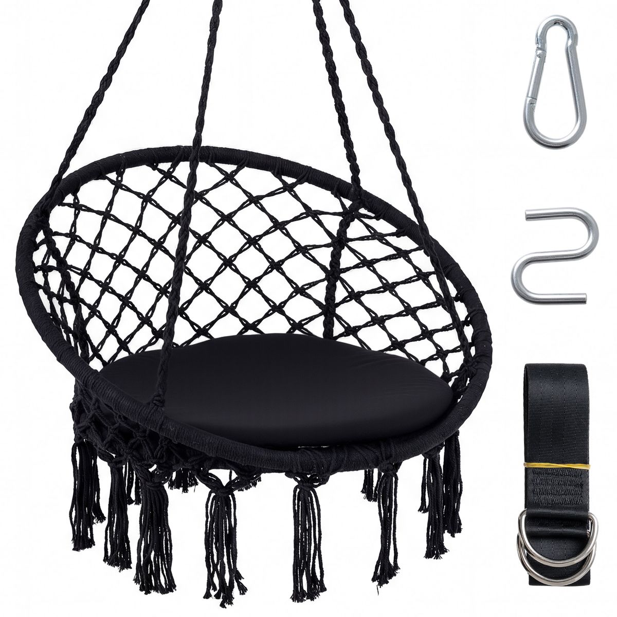 Costway Swing Chair, Hammock Chair with Round Seat Cushion, Indoor and Outdoor Boho Chair - Black