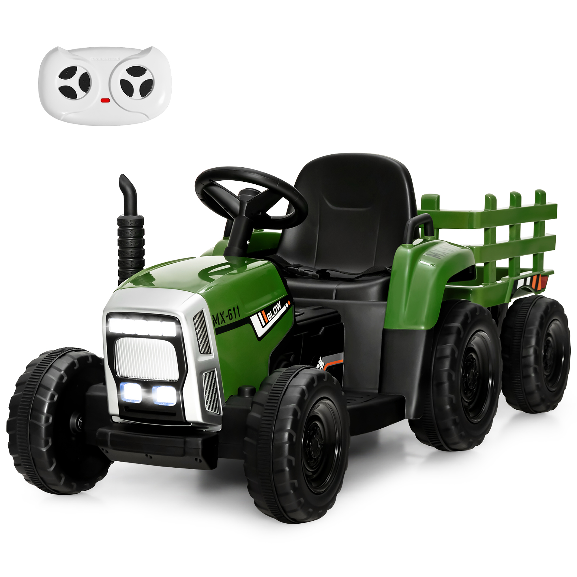 12V Kids Ride On Tractor with Trailer Ground Loader w/ Rc & Lights - Dark green
