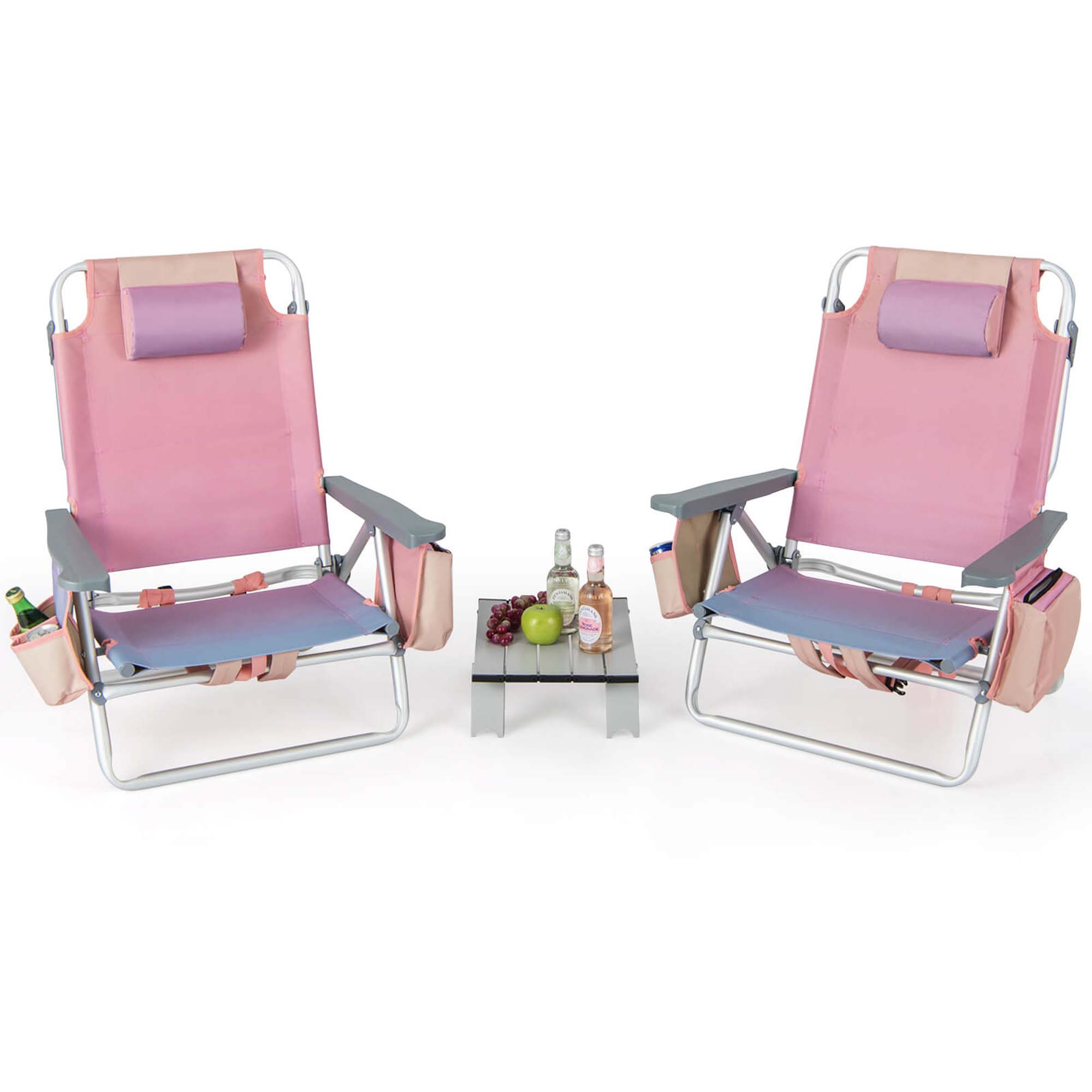 Adjustable Folding Backpack Beach Chairs and Table Set   Beach SetPink
