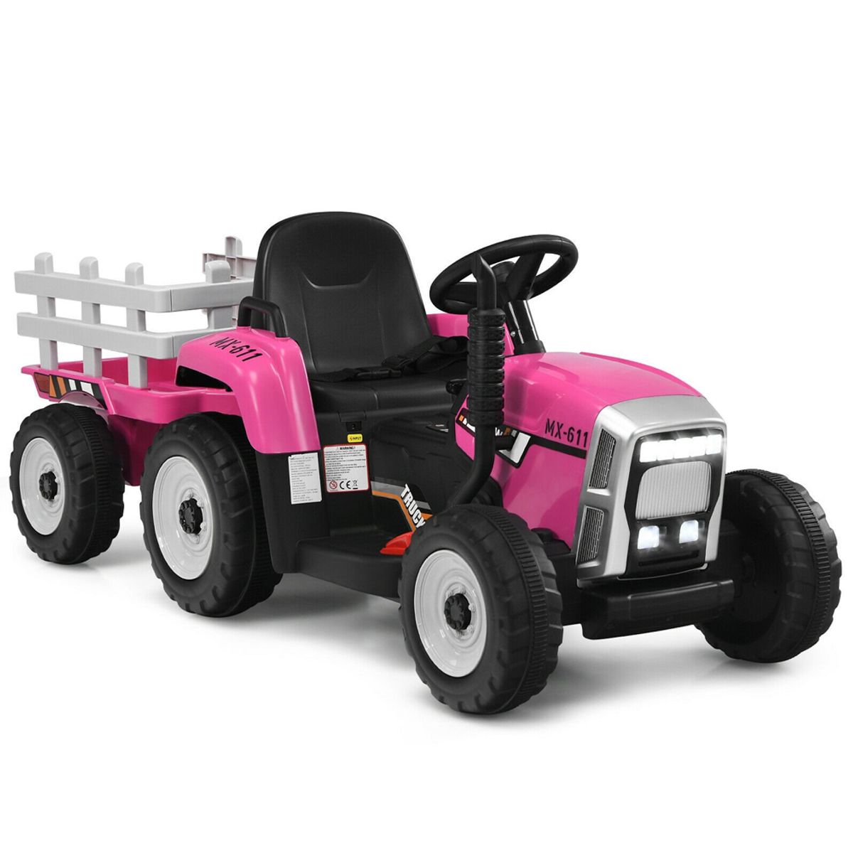 12V Kids Ride On Tractor with Trailer Ground Loader w/ Rc & Lights - Pink