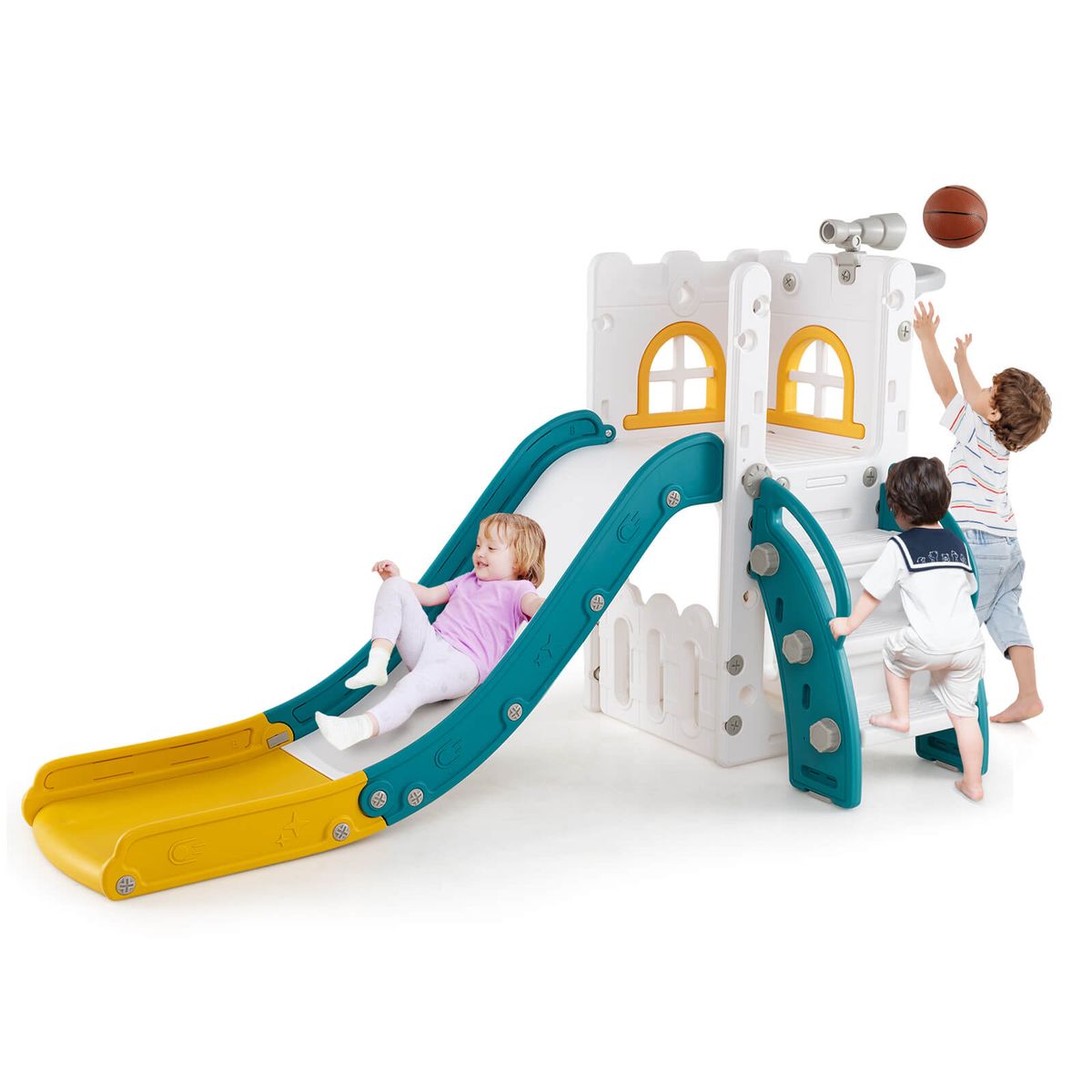 Costway 6-in-1 Kids Indoor Slide Playset with Basketball Hoop, Telescope - Green