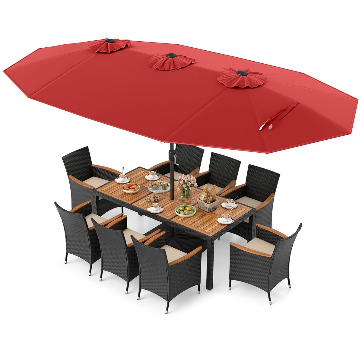 11-Piece Patio Wicker Dining Set with Umbrella - WN+WH Cushion