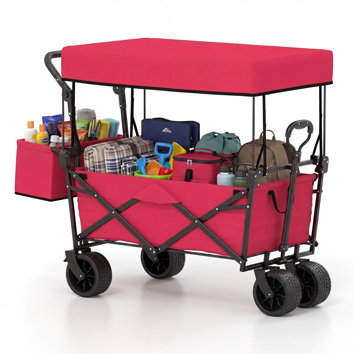 Costway Folding Utility Wagon with Detachable Canopy, Collapsible Garden Cart - Red