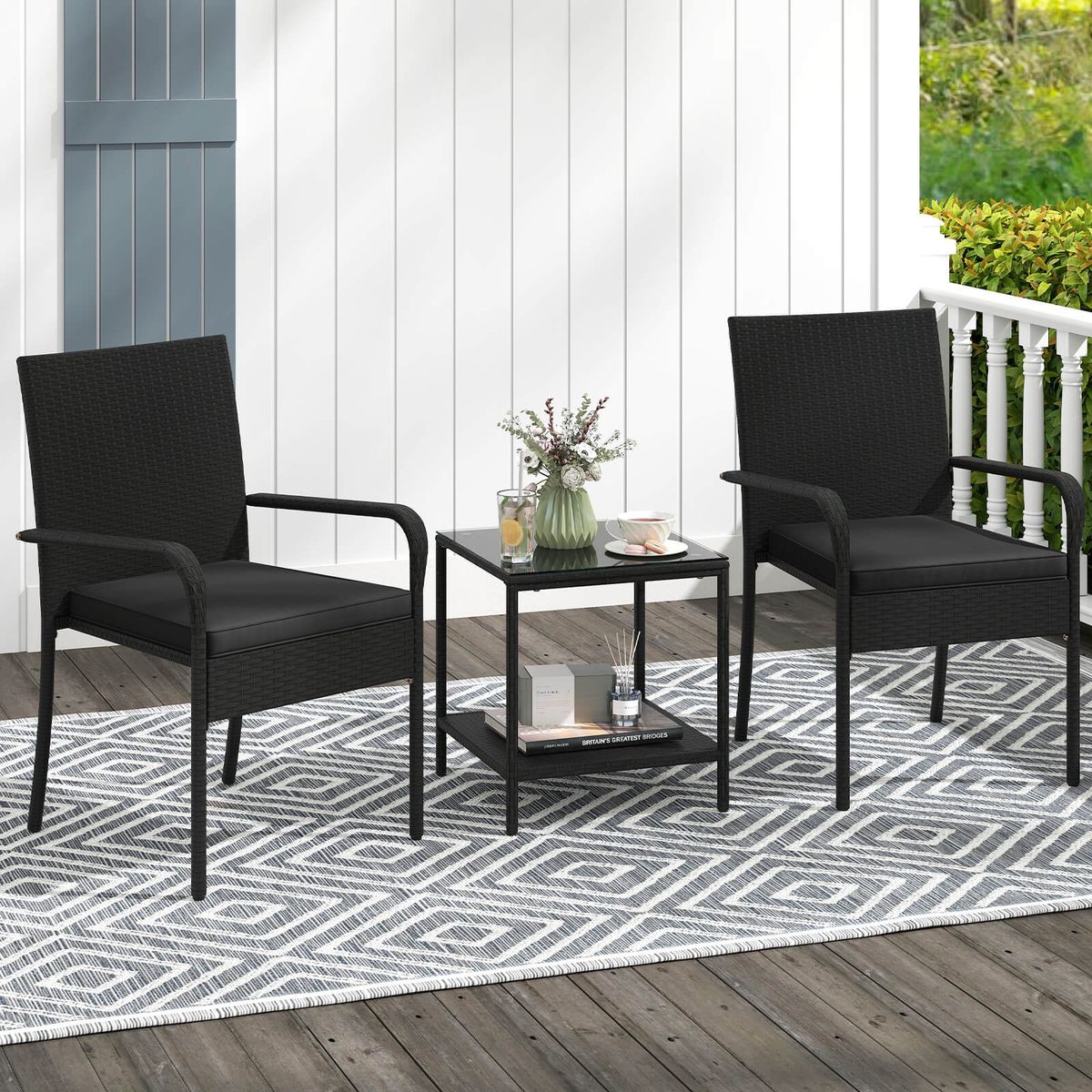 Rattan Patio Furniture Set 3 Pieces  Black  Black