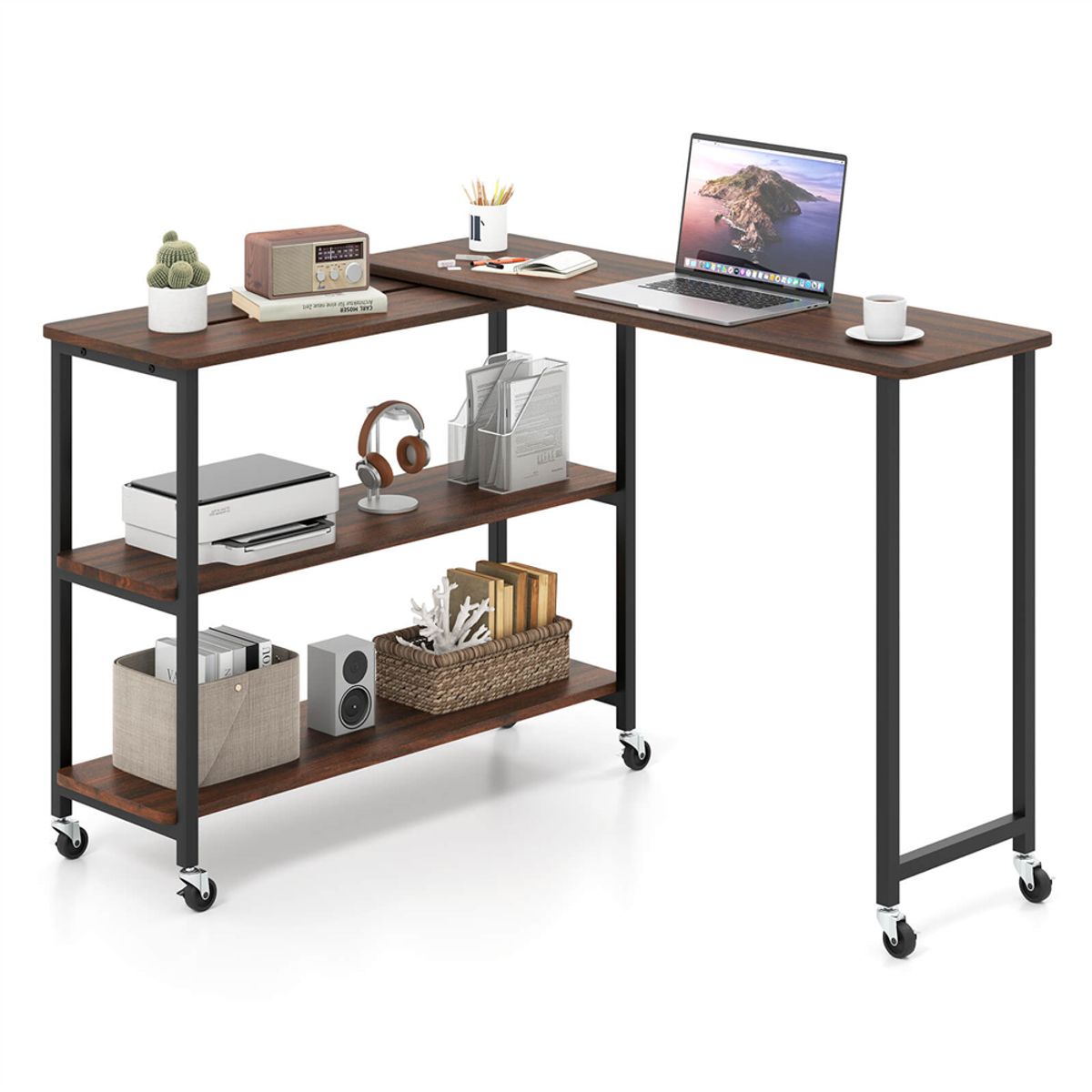 360&deg; Rotation Mobile Laptop Table with Storage Shelves - Laptop Table Walnut