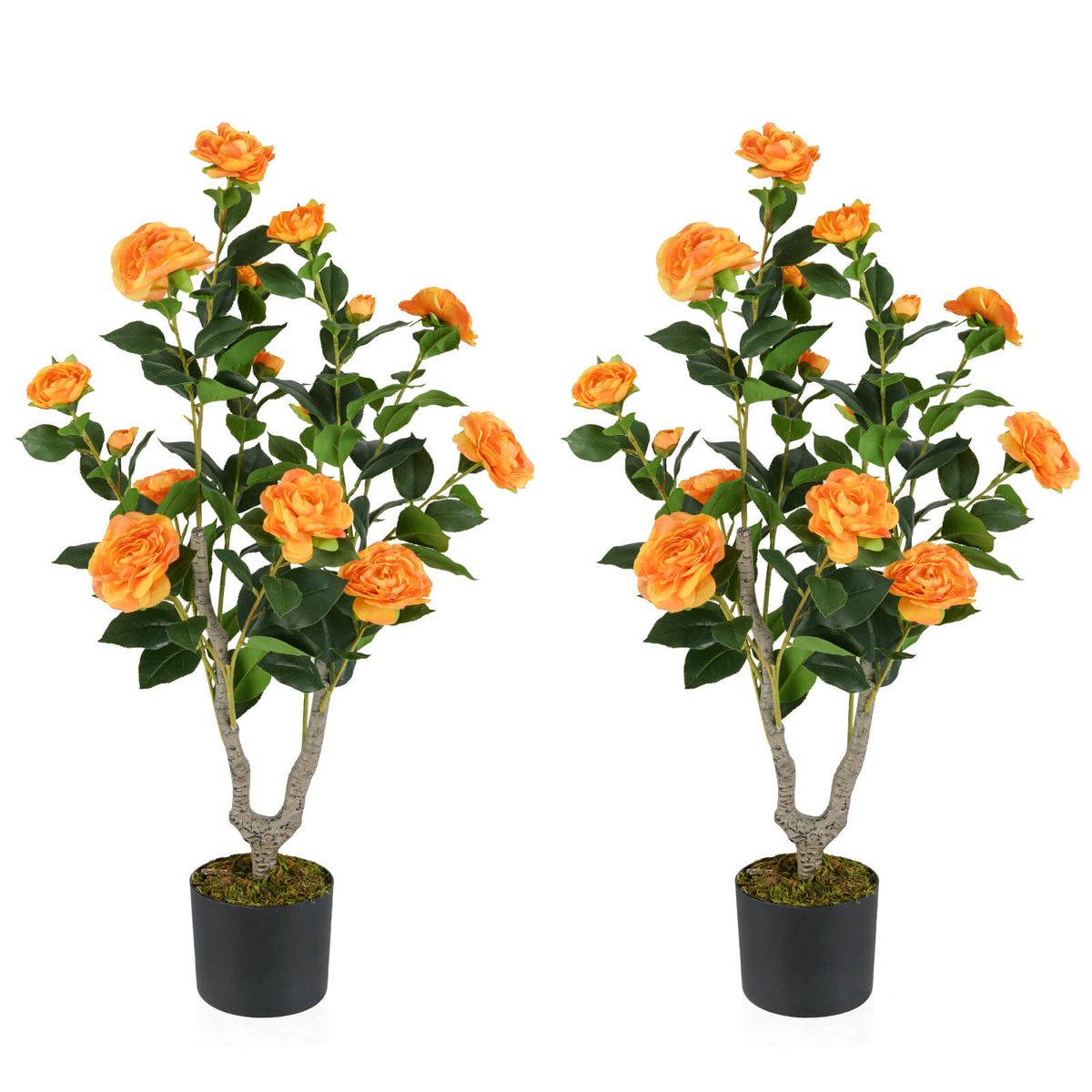 36" Artificial Camellia Tree with Cement Pot - Orange, 2-Pack