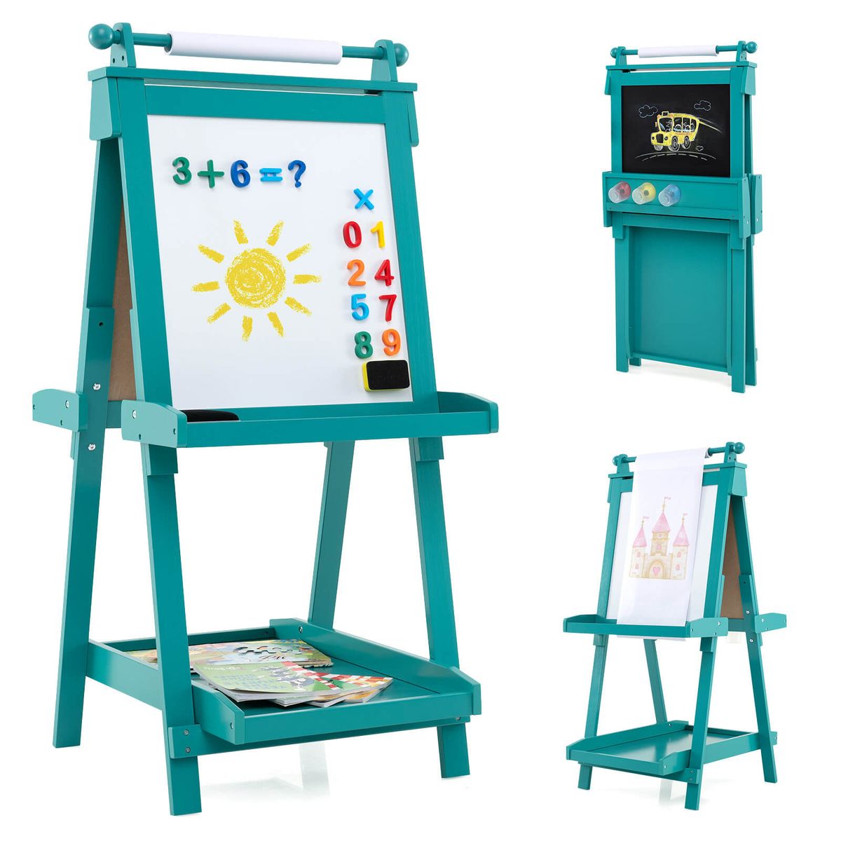 Costway Foldable Easel for Kids 3-in-1 Double-sided Art Easel with Chalkboard - Grey