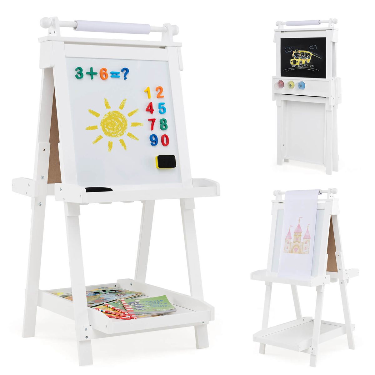 Costway Foldable Easel for Kids 3-in-1 Double-sided Art Easel with Chalkboard - White