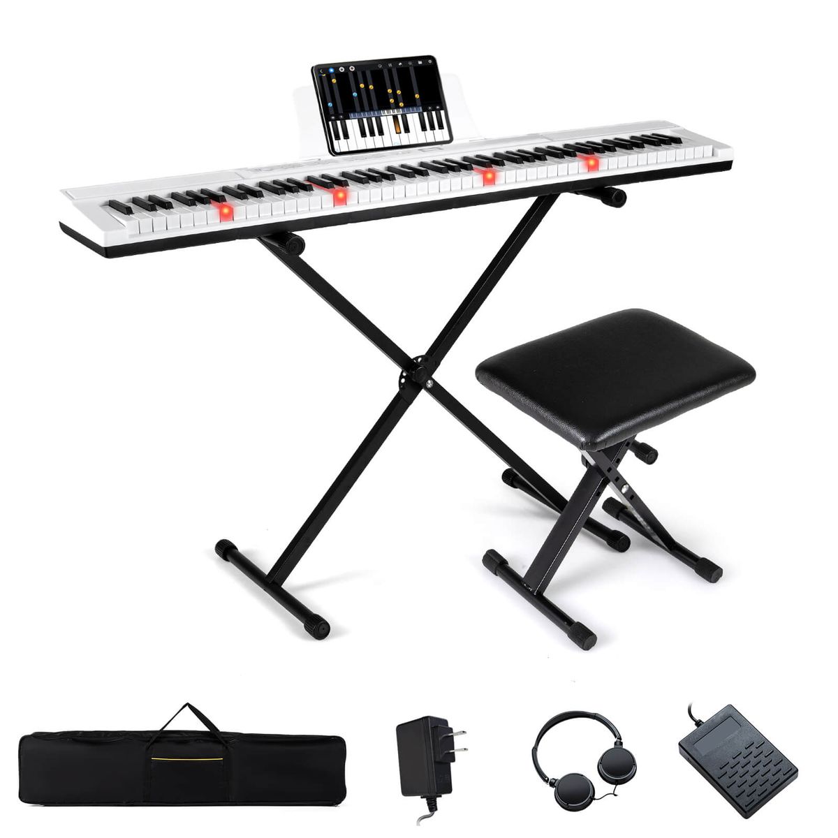 Costway 88-Key Electric Piano Keyboard with Adjustable Stand Stool, Light-up Keys & Buttons - White