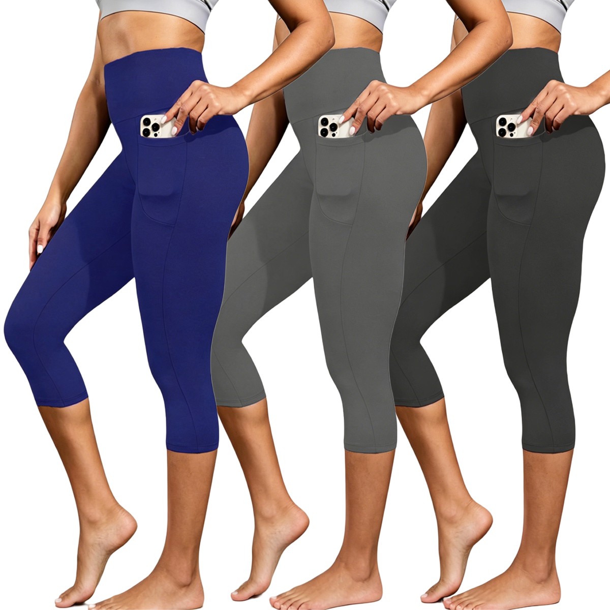 Women's High Waist Leggings (1- to 3-Pack) - 3-Pack(Black,Navy Blue,Grey)-2XL